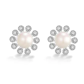 Freshwater Pearl Sun Flower with Zircon Silver Stud Earrings for Women