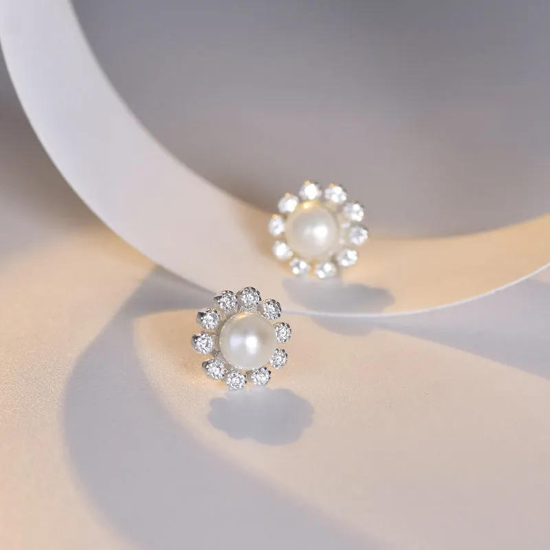 Freshwater Pearl Sun Flower with Zircon Silver Stud Earrings for Women