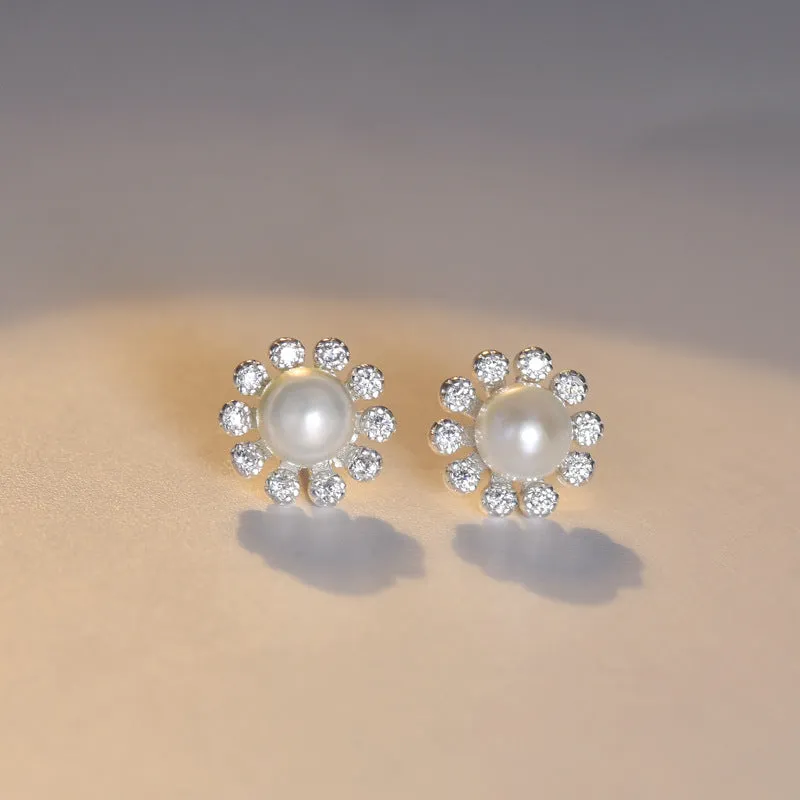 Freshwater Pearl Sun Flower with Zircon Silver Stud Earrings for Women