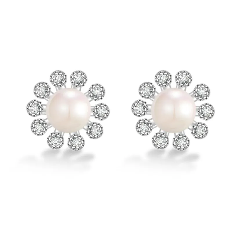 Freshwater Pearl Sun Flower with Zircon Silver Stud Earrings for Women