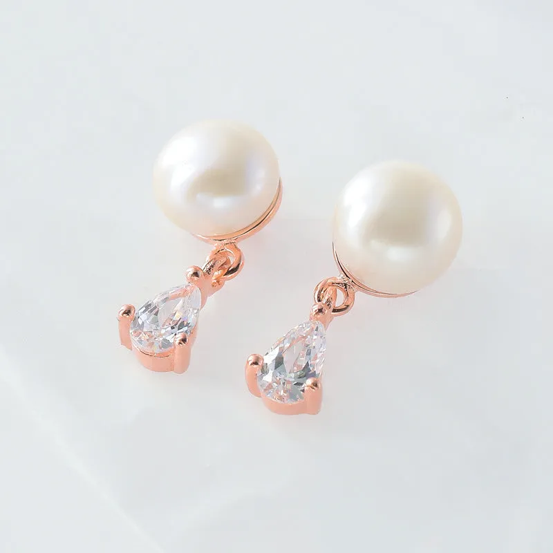 Freshwater Pearl with Pear Drop Zircon Silver Drop Earrings for Women