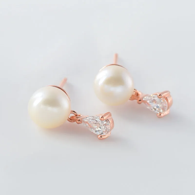 Freshwater Pearl with Pear Drop Zircon Silver Drop Earrings for Women