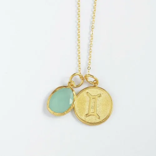 Gemini Zodiac Necklace and Aquamarine Charm - Ottoman Hands