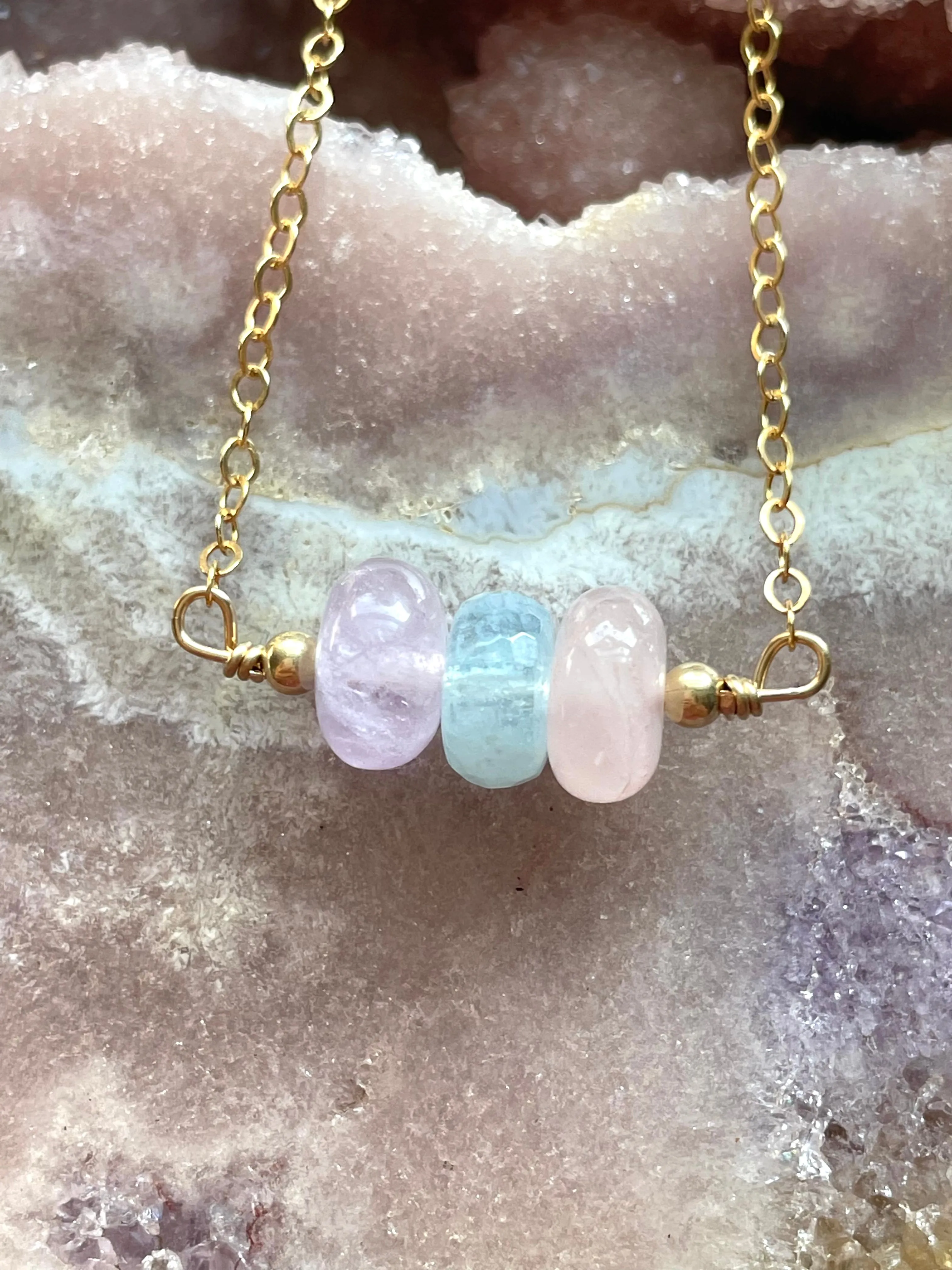 Gemstone Necklace - Stone Necklace - Amethyst Aquamarine Rose Quartz Necklace - Crystal Healing Jewelry - Silver or Gold