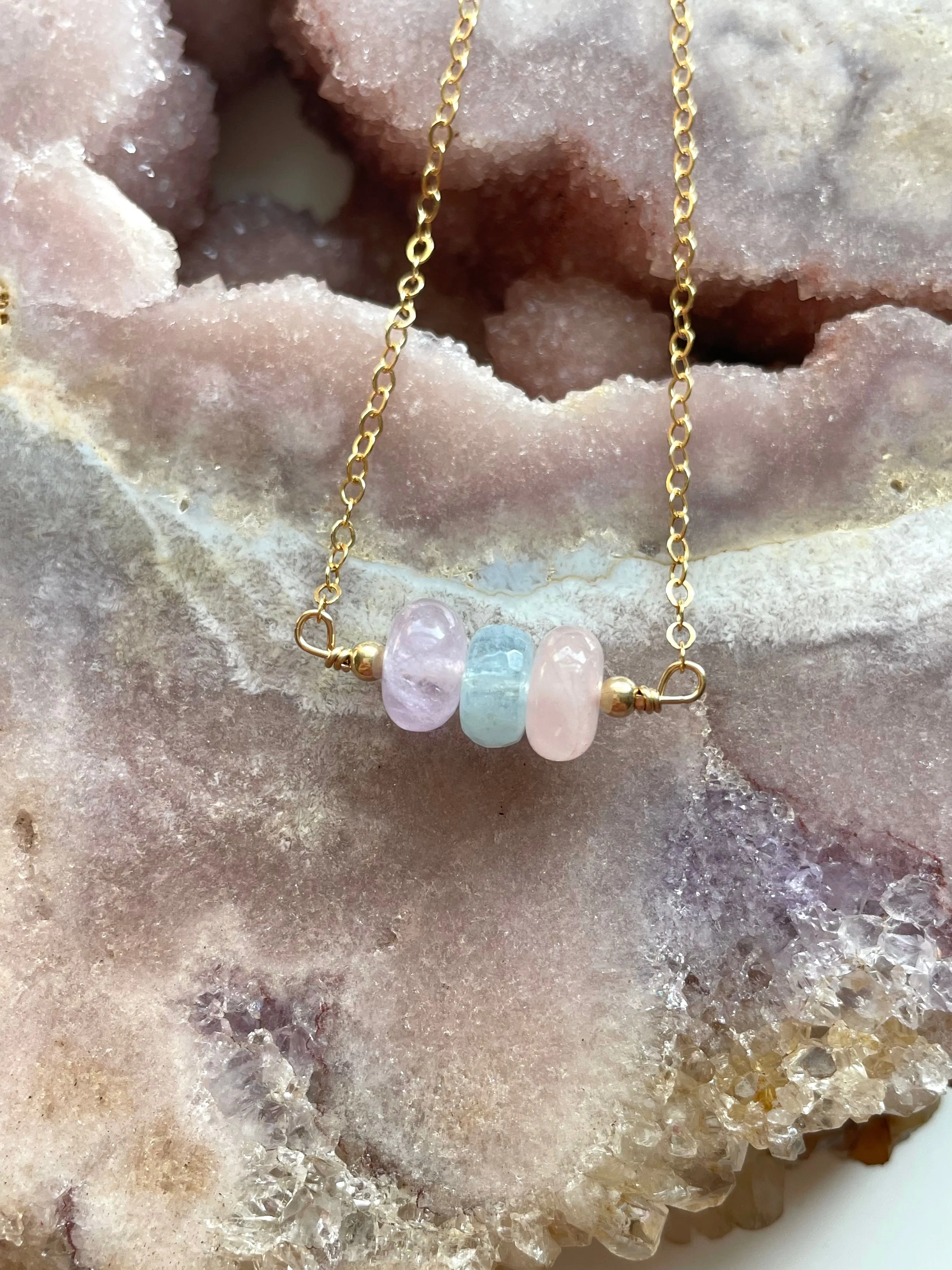 Gemstone Necklace - Stone Necklace - Amethyst Aquamarine Rose Quartz Necklace - Crystal Healing Jewelry - Silver or Gold