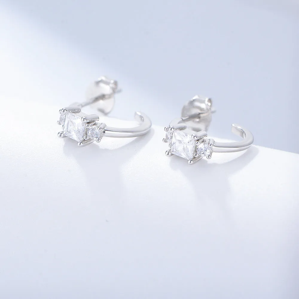 Geometric Square Zircon Sterling Silver Studs Earrings for Women