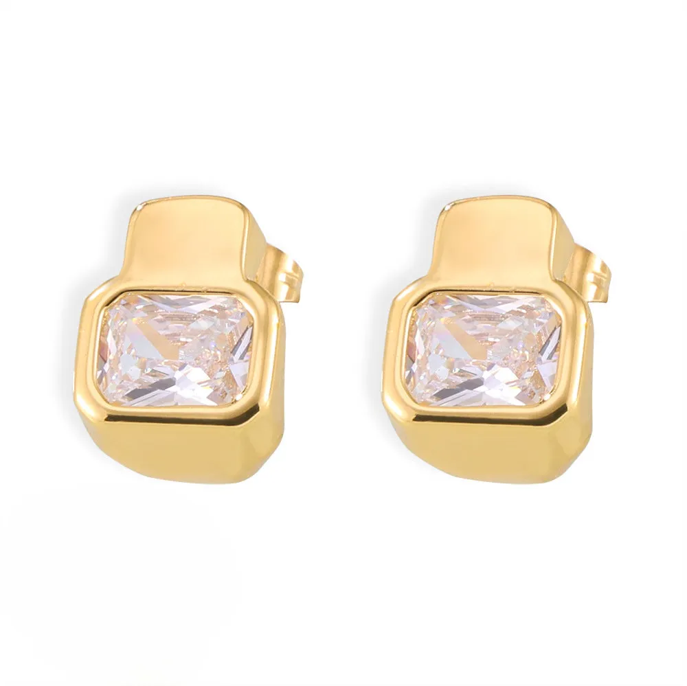 Geometric Zircon Copper Stud Earrings with Wide-Sided Design