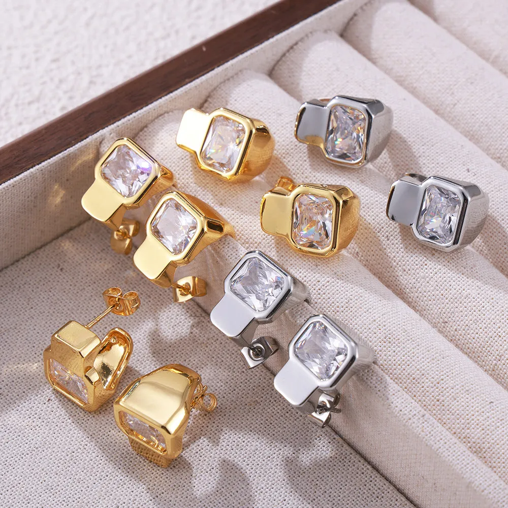 Geometric Zircon Copper Stud Earrings with Wide-Sided Design