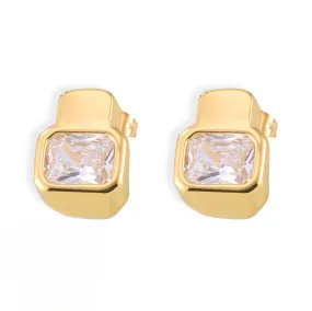 Geometric Zircon Copper Stud Earrings with Wide-Sided Design