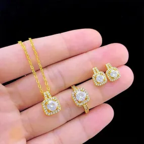 Glamorous Trio: Zircon Gem Fashion Jewelry Set in Gold