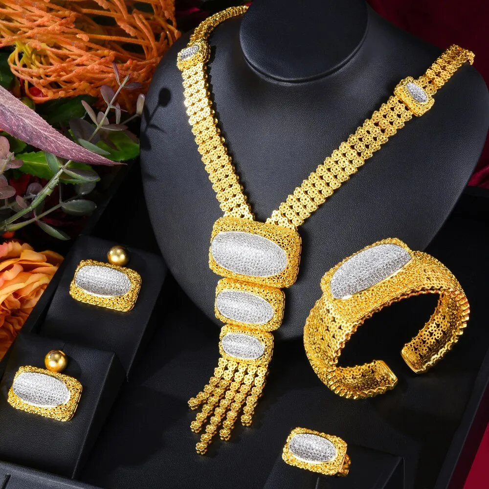 GODKI Hollow Round 4Pcs Luxury Nigerian Jewelry Set For Women Wedding Cubic Zircon Dubai Bridal Necklace Earring Bangle Ring Set