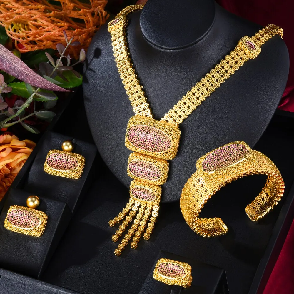 GODKI Hollow Round 4Pcs Luxury Nigerian Jewelry Set For Women Wedding Cubic Zircon Dubai Bridal Necklace Earring Bangle Ring Set