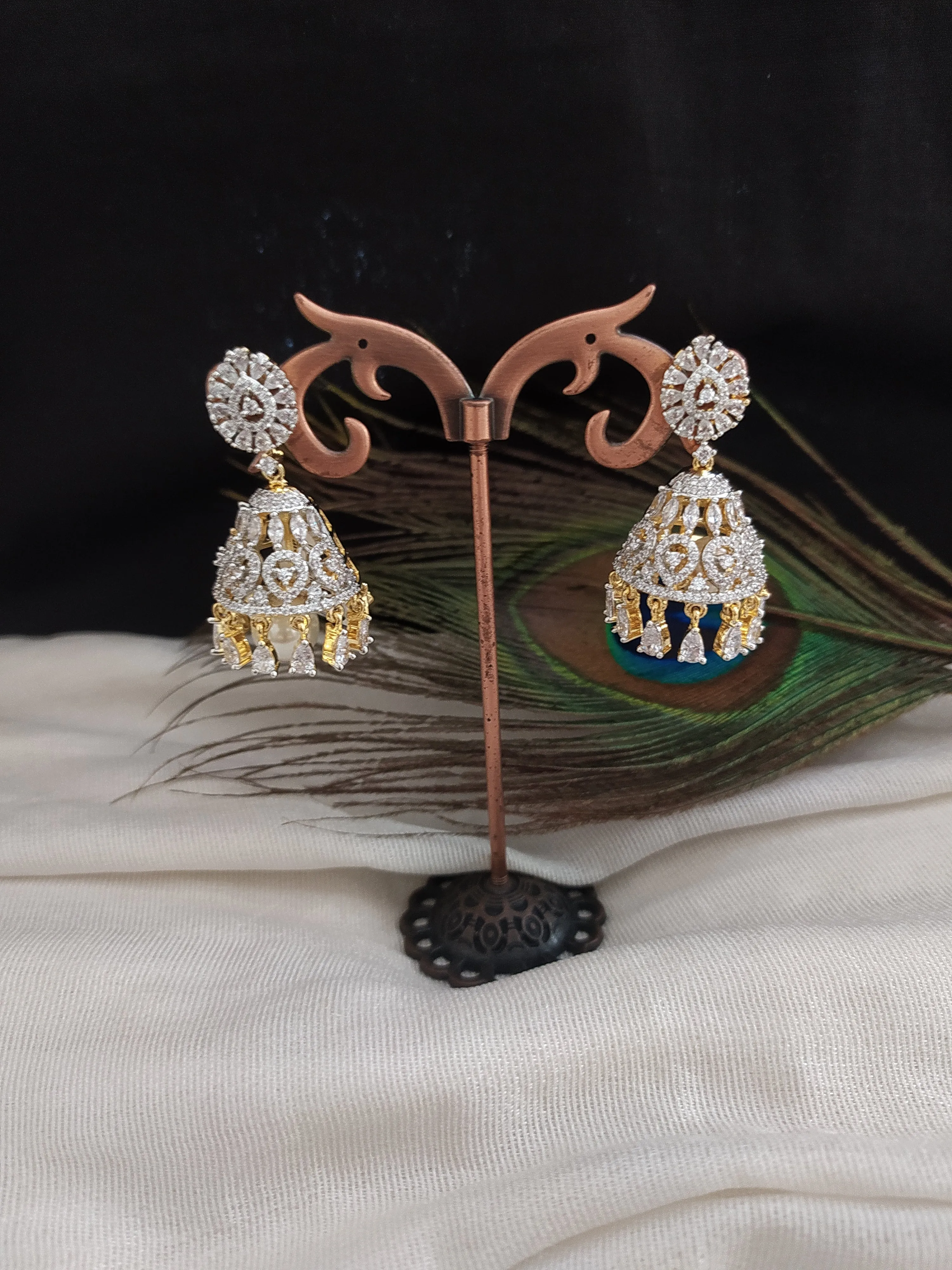 Gold & Silver Finish Floral Design Jhumka With Zircon Stones