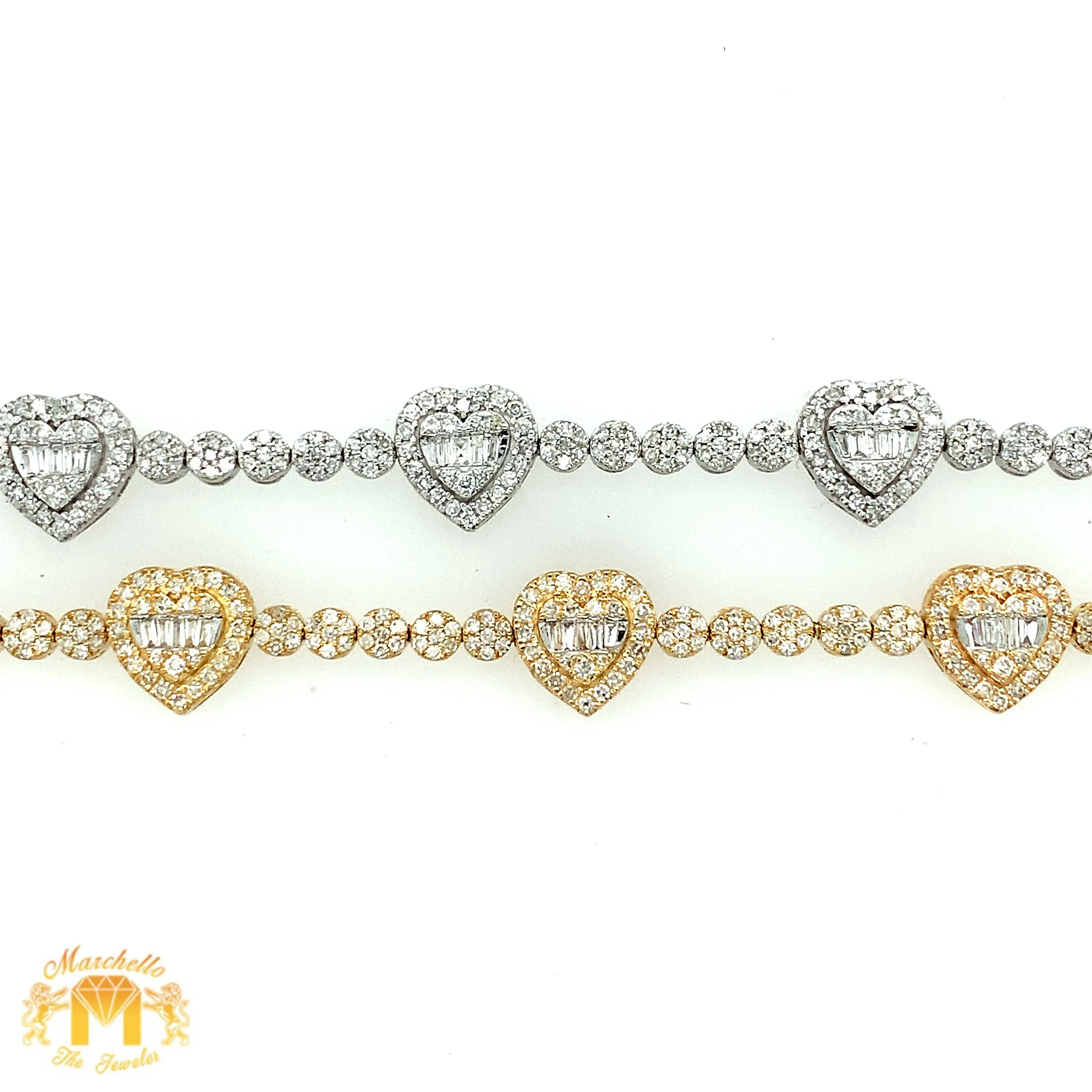 Gold and Diamond 10.4x3.5mm Tennis Bracelet with Hearts with baguette and round diamonds  (pick gold color)