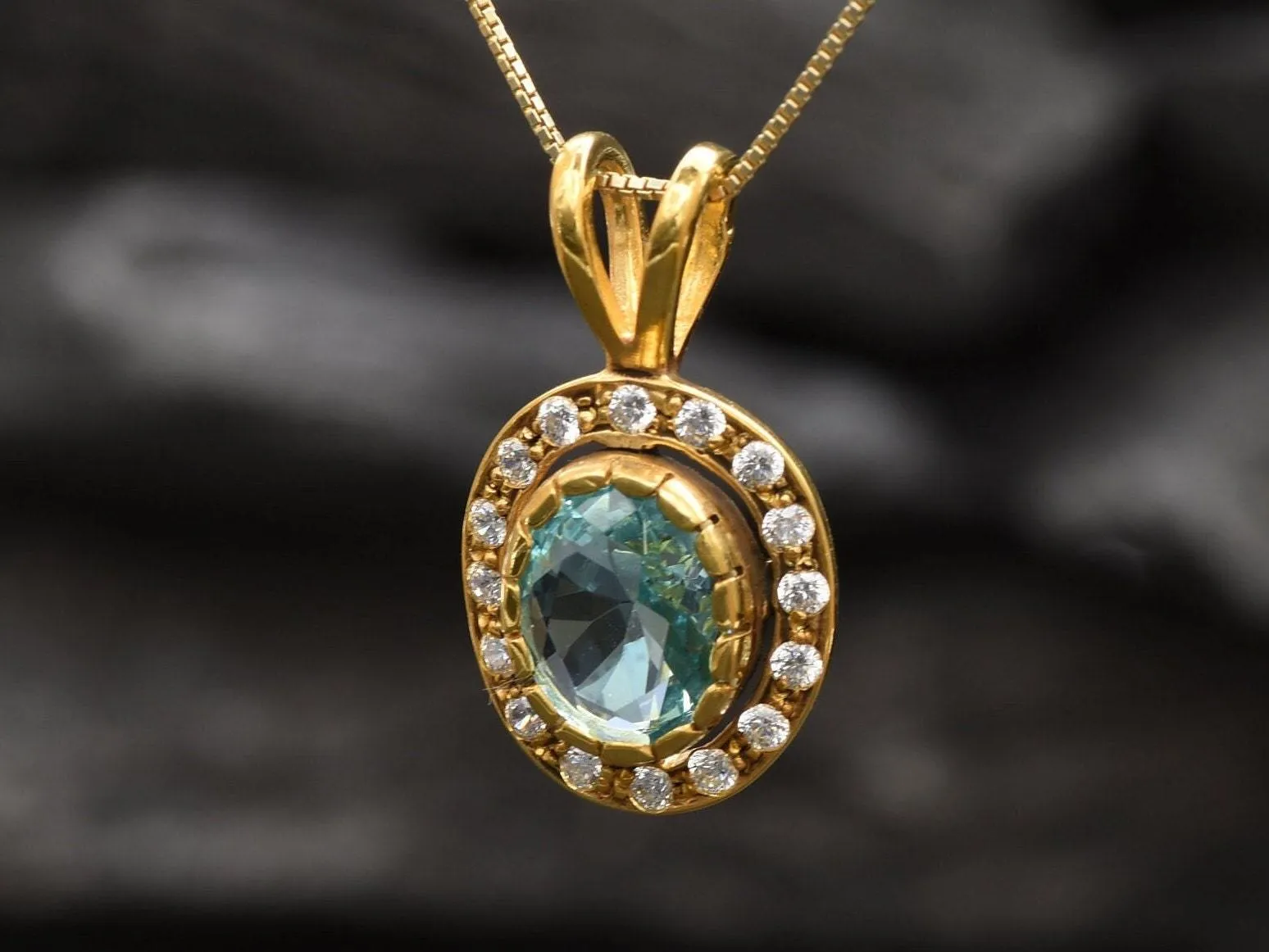 Gold Aquamarine Pendant - Blue Aquamarine Necklace, Gold Oval Pendant