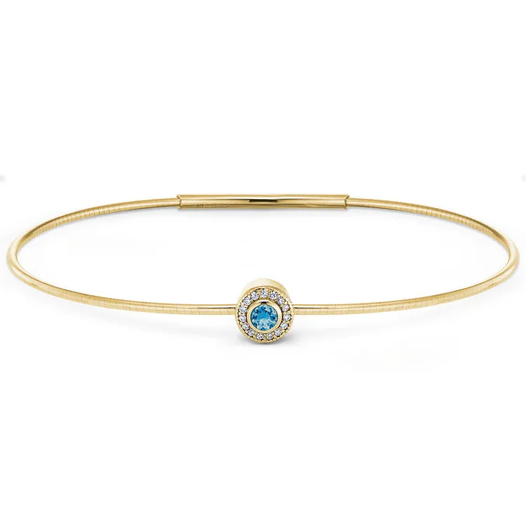 Gold Finish Finish Sterling Silver Round Simulated Blue Topaz Birth Gem Bracelet with Simulated Diamonds