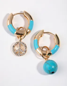 Gold Turquoise Diamante Peace Hoop Earrings