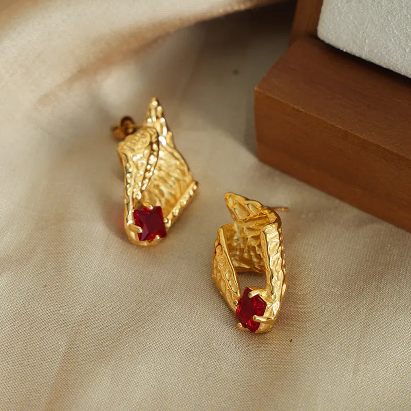 Golden Zircon Stone Versatile Style Titanium Steel Earrings