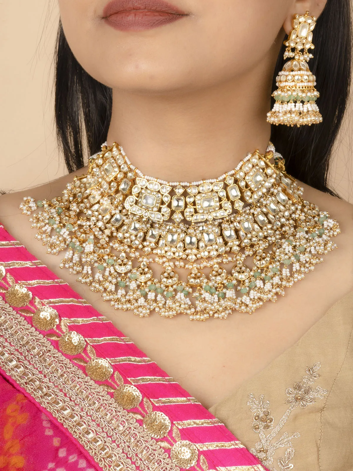 Green Color Gold Plated Jadau Kundan Bridal Necklace Set - MS1992Y