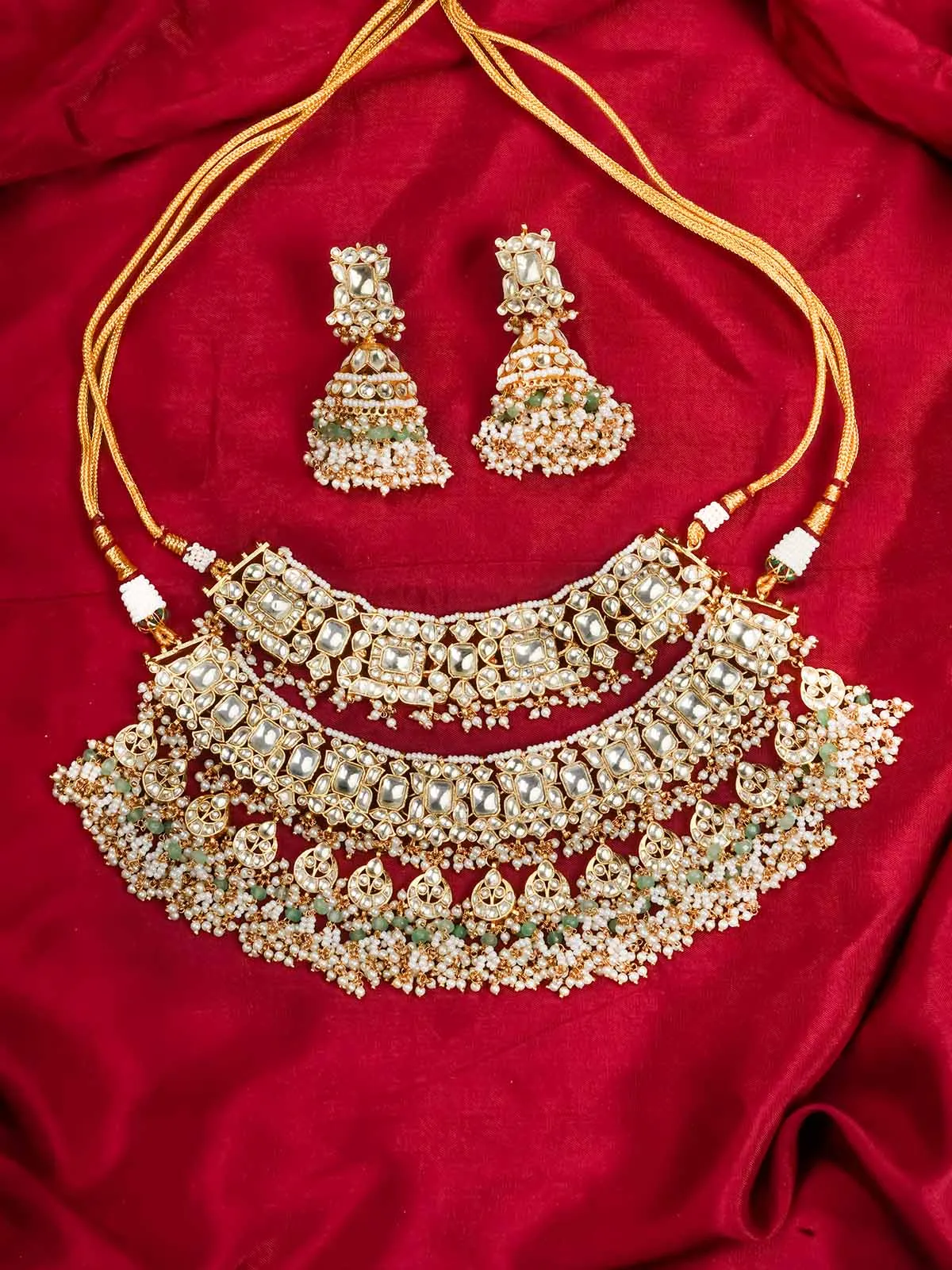 Green Color Gold Plated Jadau Kundan Bridal Necklace Set - MS1992Y