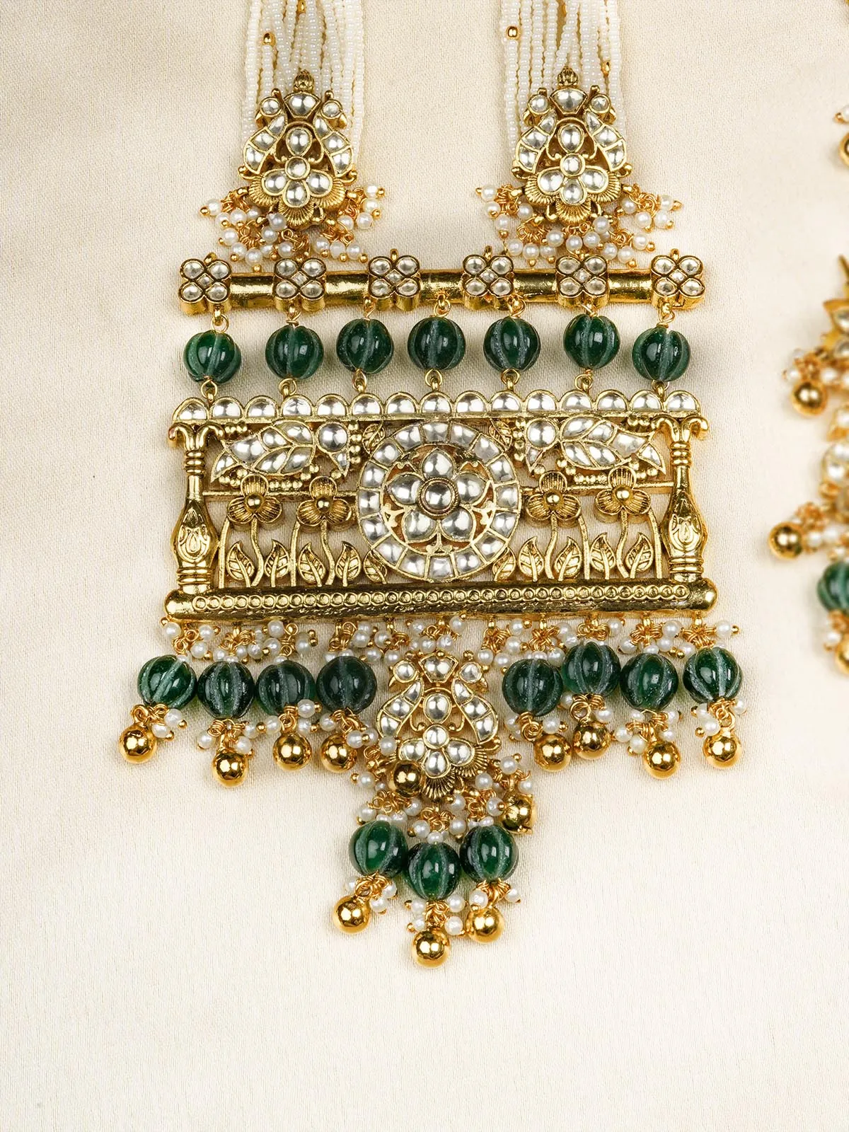 Green Color Gold Plated Jadau Kundan Necklace Set - MS2082Y