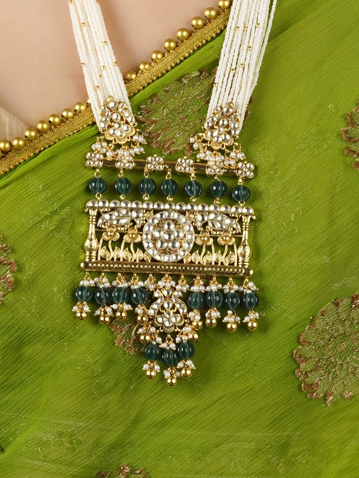 Green Color Gold Plated Jadau Kundan Necklace Set - MS2082Y