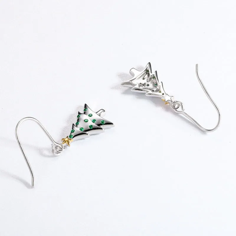 Green Zircon Christmas Tree Sterling Silver Hook Earrings