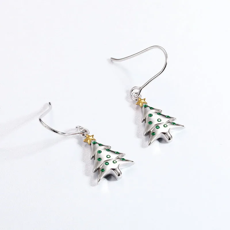 Green Zircon Christmas Tree Sterling Silver Hook Earrings