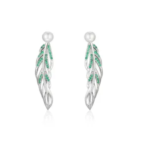 Green Zircon Feather with Freshwater Pearl Silver Drop Earrings for Women