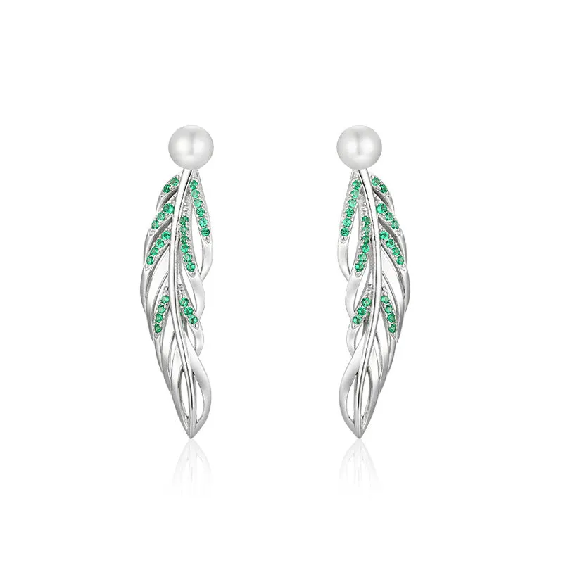 Green Zircon Feather with Freshwater Pearl Silver Drop Earrings for Women