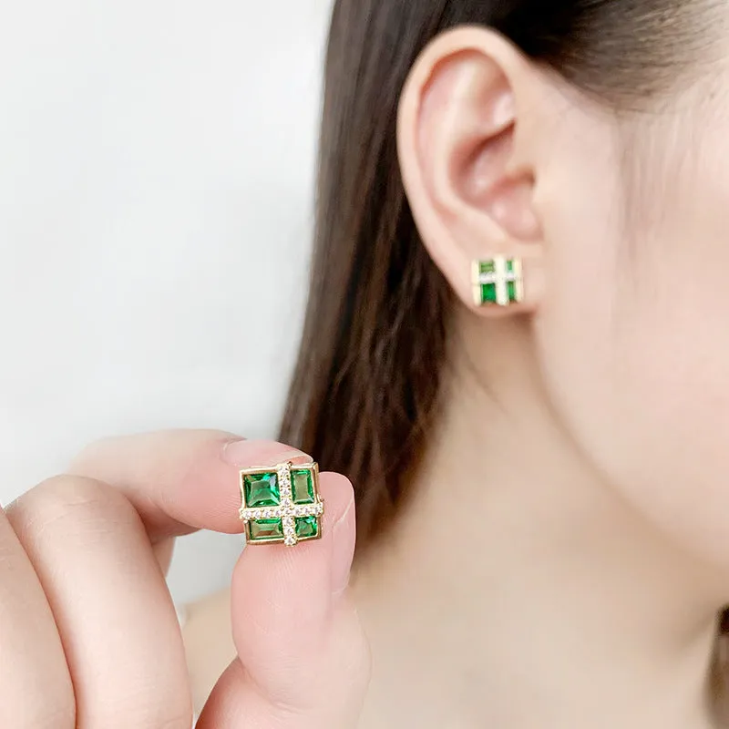 Green Zircon Square Silver Studs Earrings for Women