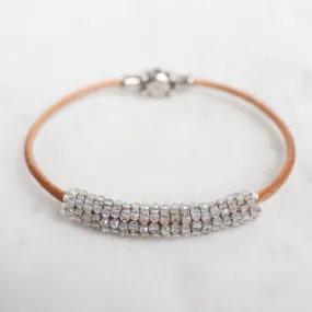 Hand Stitched Sparkly Topaz with Tiny White Pearl Trim on Natural Leather Bracelet