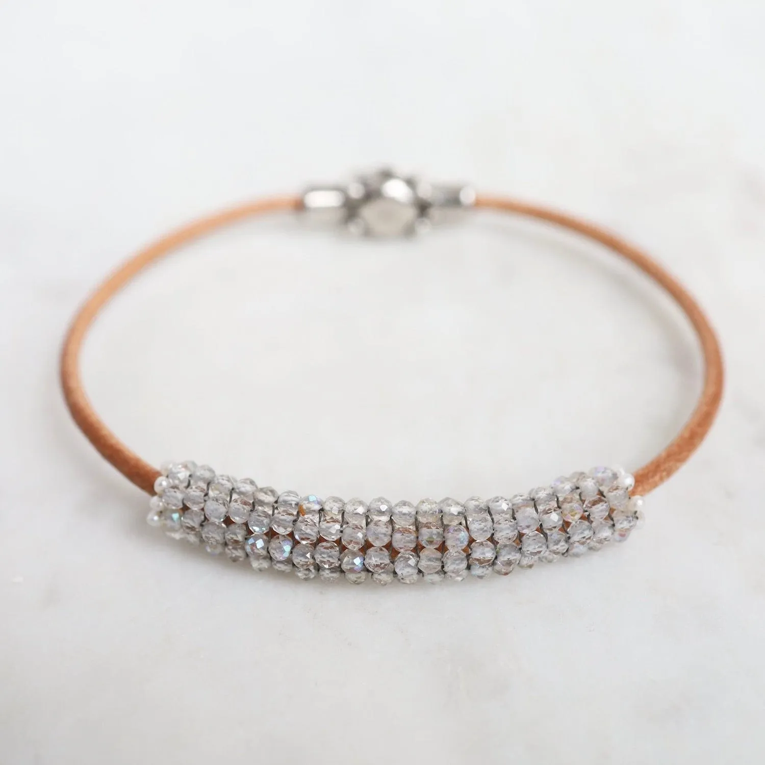 Hand Stitched Sparkly Topaz with Tiny White Pearl Trim on Natural Leather Bracelet