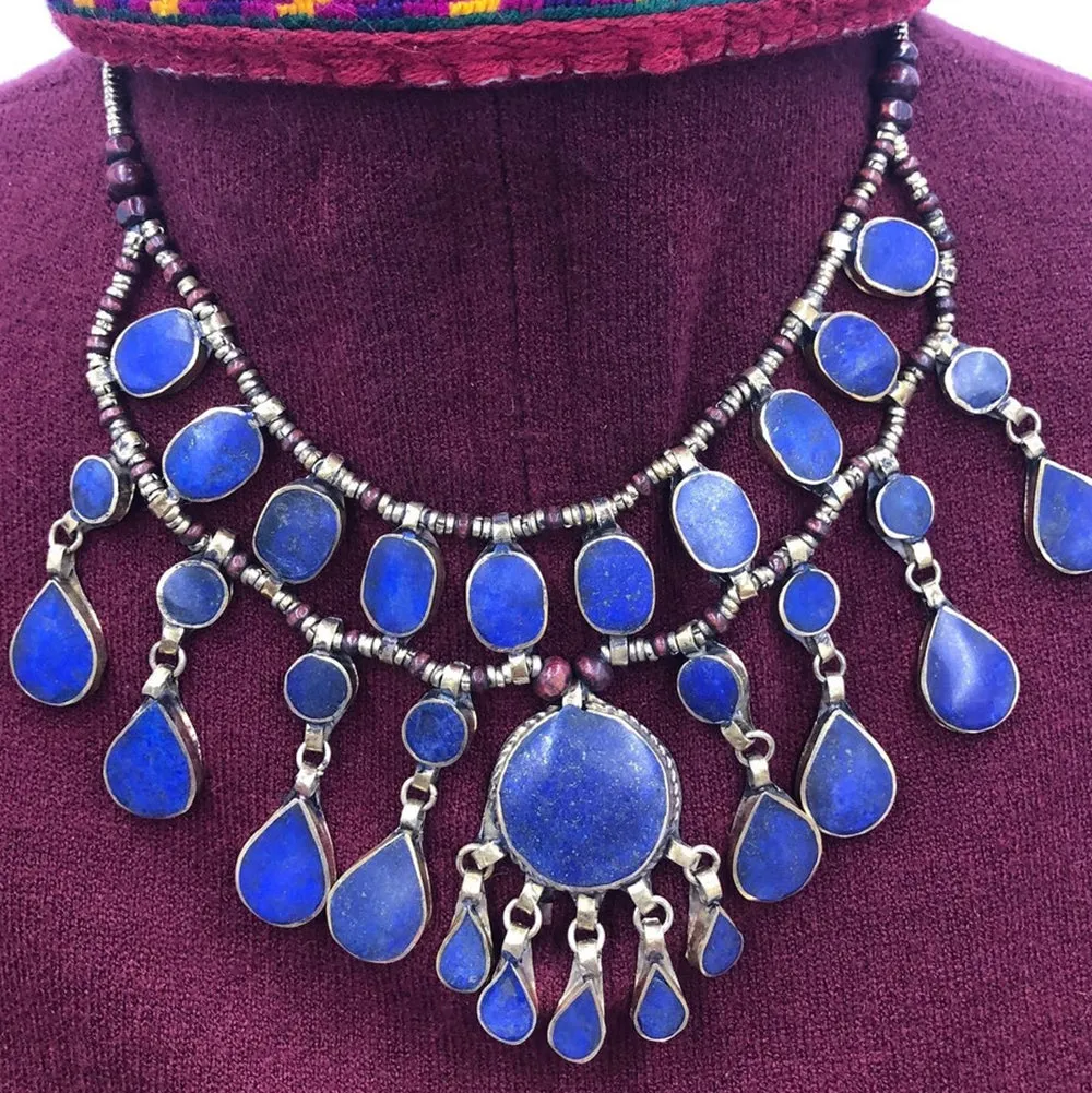 Handmade Afghan Beaded Chain Multilayers Lapis Stone Necklace