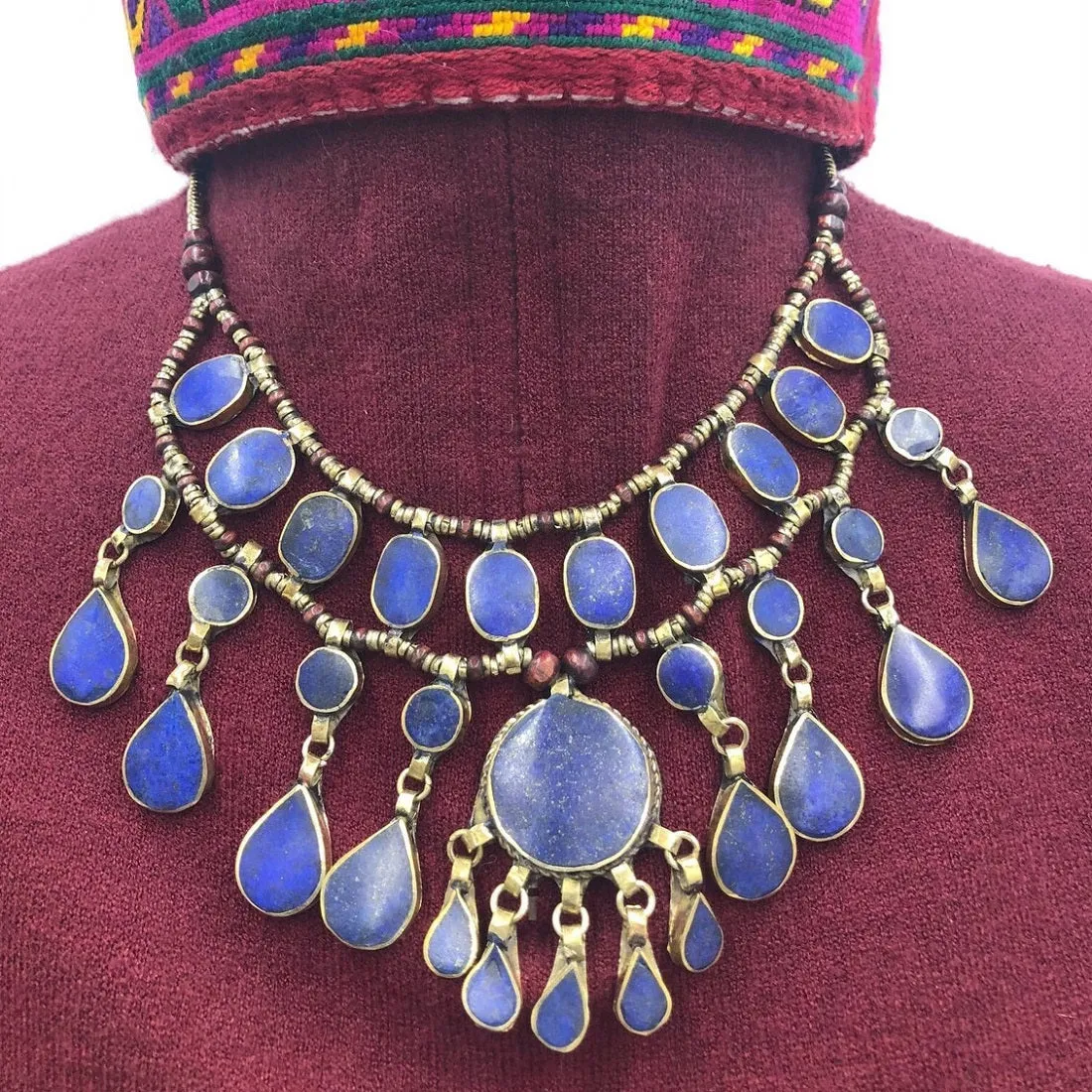 Handmade Afghan Beaded Chain Multilayers Lapis Stone Necklace