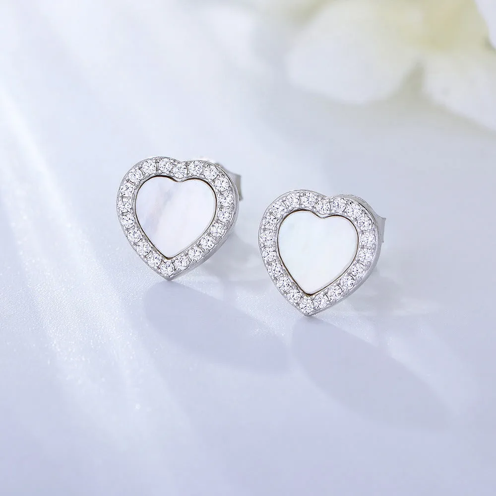 Heart-shaped Mother of Pearl with Zircon Silver Studs Earrings for Women