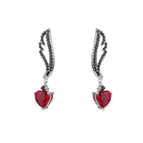 Heart-shaped Red Corundum with Wing Silver Drop Earrings for Women