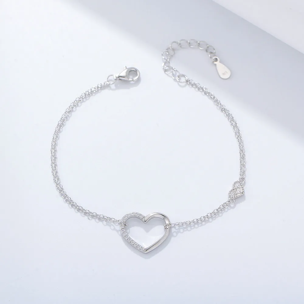 Heart-shaped with Half Zircon Silver Double-layer Bracelet for Women