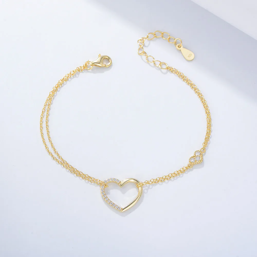 Heart-shaped with Half Zircon Silver Double-layer Bracelet for Women