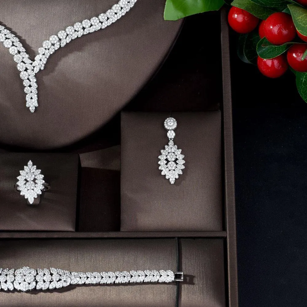 High Quality Designer AAAA  Zirconia Diamonds  Flower Design 4 piece Bridal Wedding Set