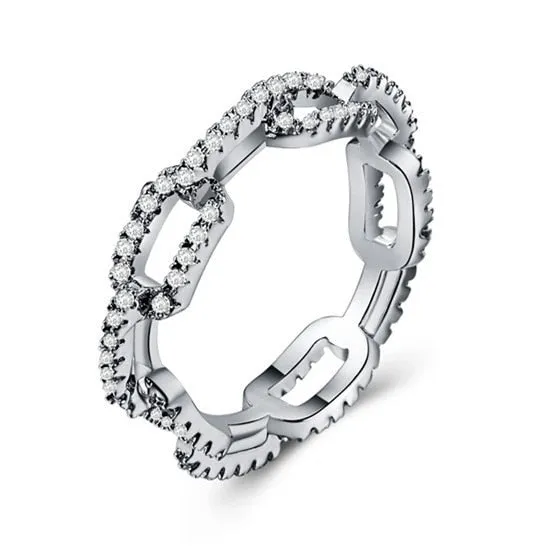 Hip Hop Jewelry Creative Chain Design Ring for Women with Zircon in Silver Color