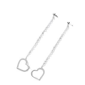 Hollow Heart-shaped Long Tassel Silver Drop Earrings for Women