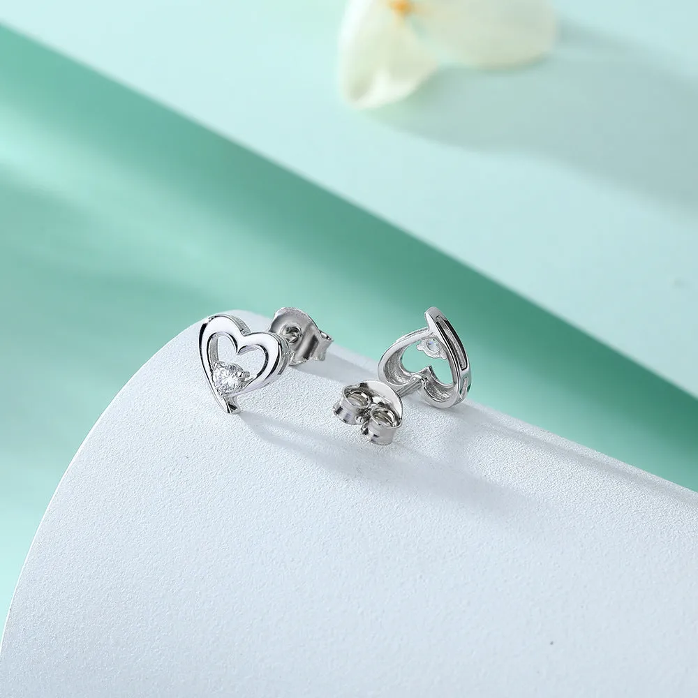 Hollow Heart with Zircon Silver Studs Earrings for Women