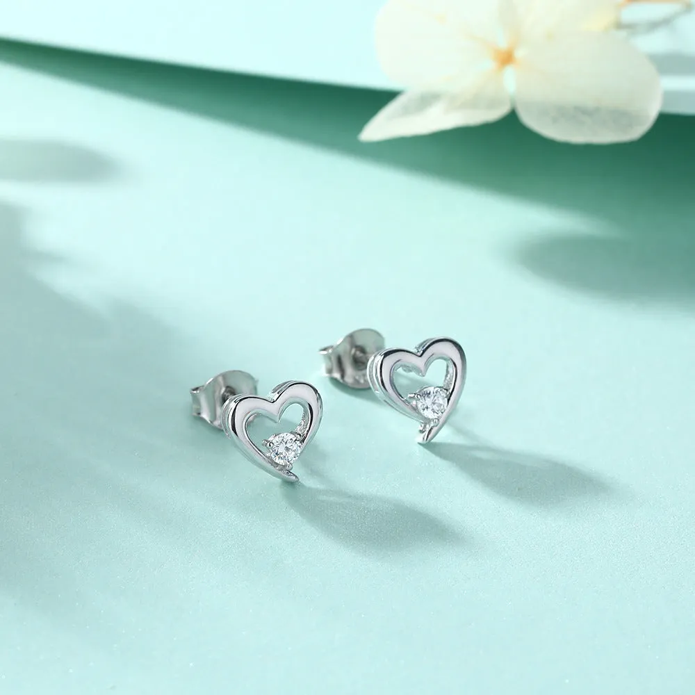 Hollow Heart with Zircon Silver Studs Earrings for Women