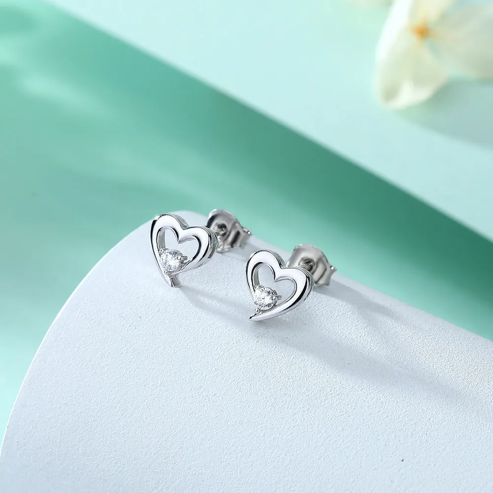 Hollow Heart with Zircon Silver Studs Earrings for Women