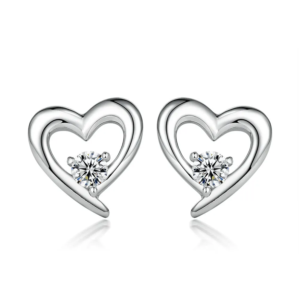 Hollow Heart with Zircon Silver Studs Earrings for Women