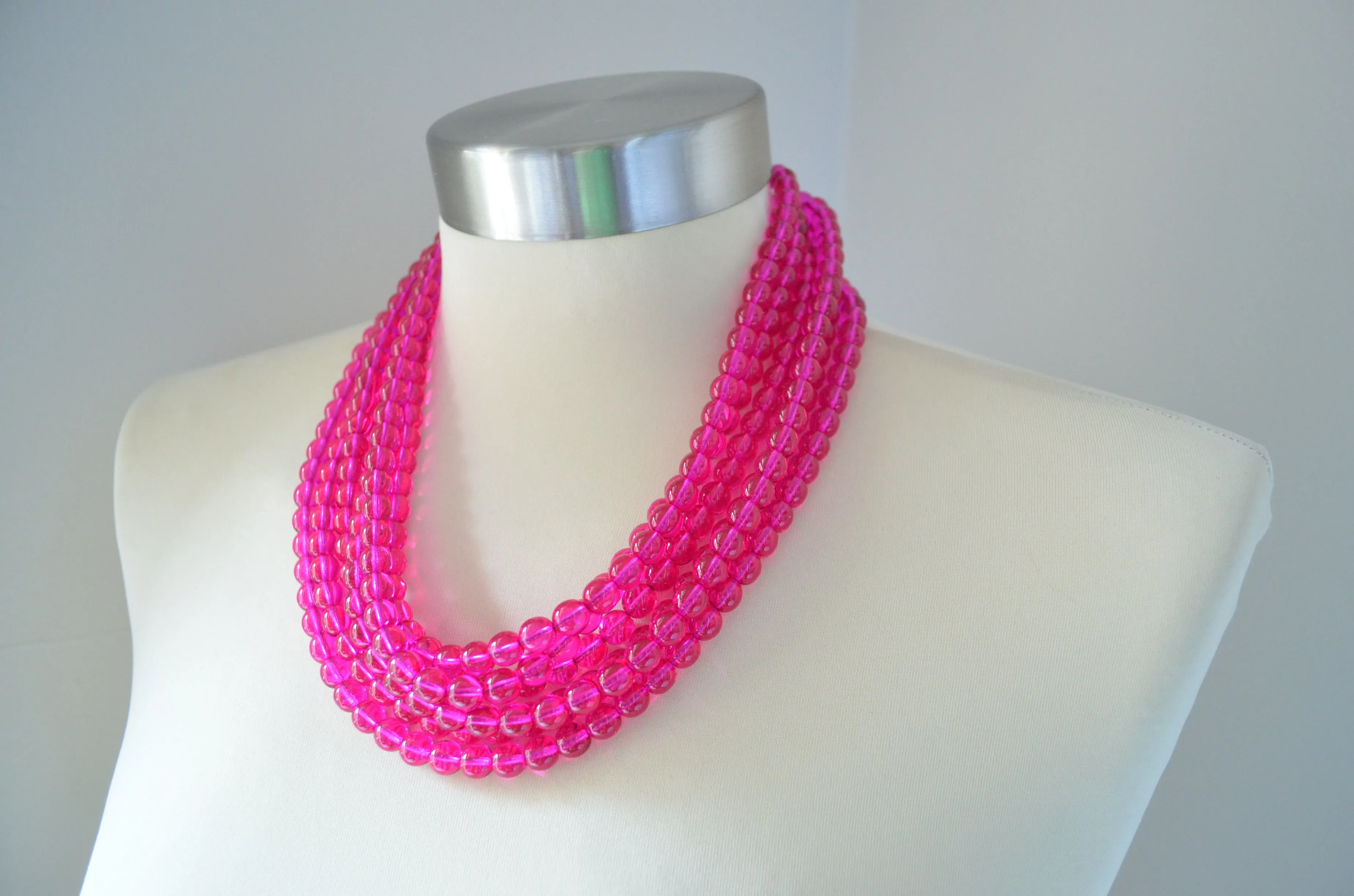 Hot Pink Glass Beaded Chunky Multi Strand Statement Necklace - Michelle