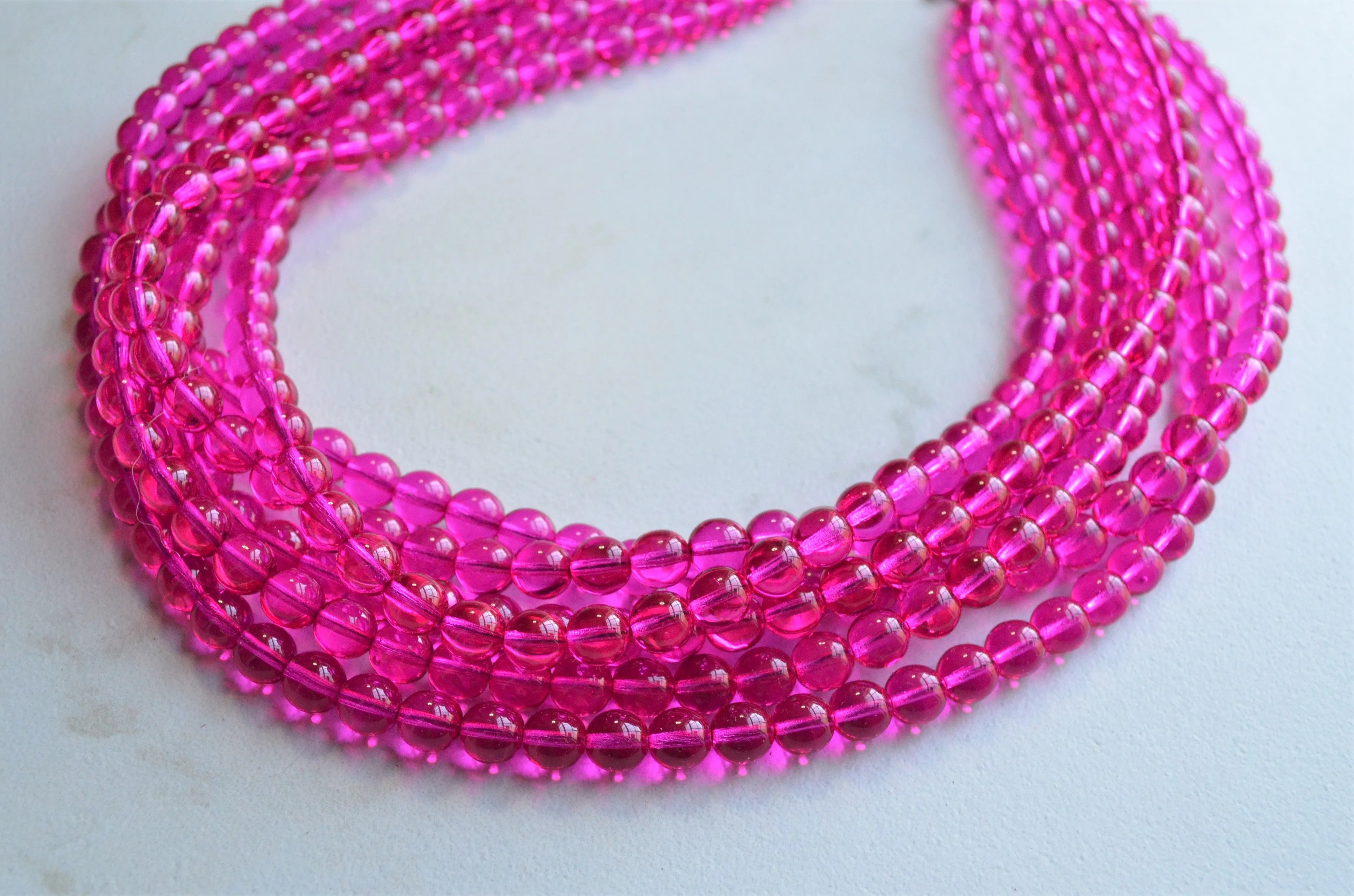 Hot Pink Glass Beaded Chunky Multi Strand Statement Necklace - Michelle