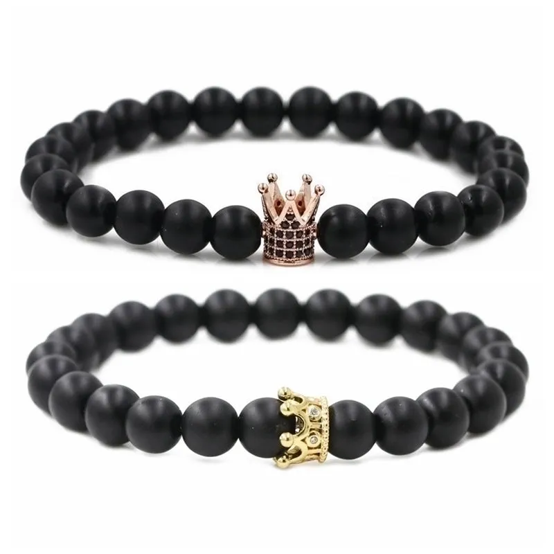 Hot Sale Matte Black Stone Micro Inlaid Zircon Crown Couple Bracelet Copper Beads Bracelet Wholesale