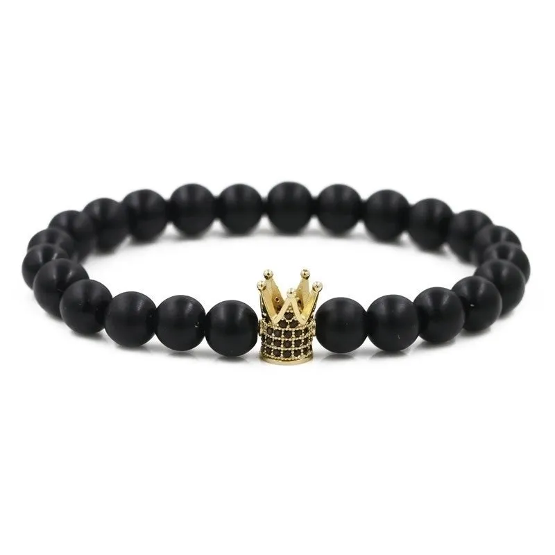 Hot Sale Matte Black Stone Micro Inlaid Zircon Crown Couple Bracelet Copper Beads Bracelet Wholesale